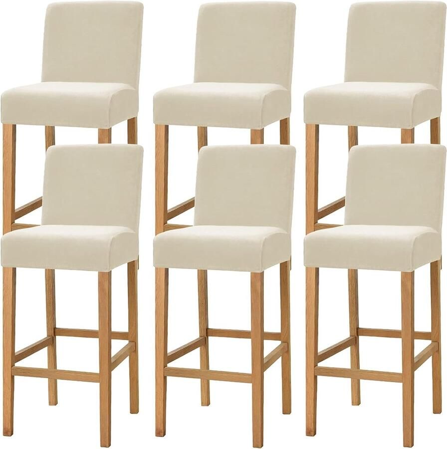 Hoge stretch barkruk cover antislip set van 6 beige fluweel