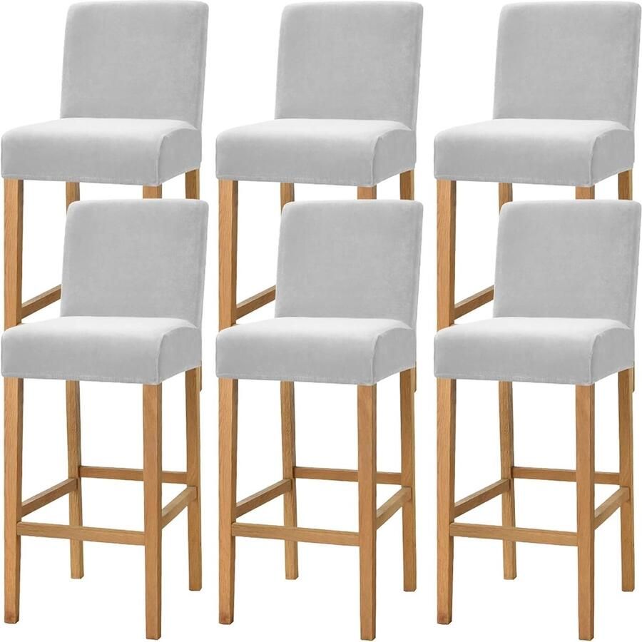 Hoge stretch barkruk cover antislip set van 6 lichtgrijs fluweel