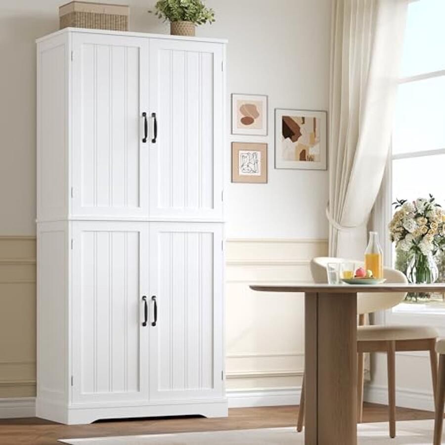 Hoge Witte Keukenkast met 4 Deuren en Opbergvakken 180 cm