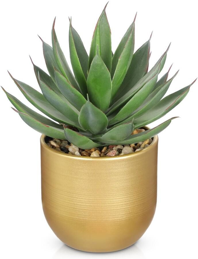 Hollyone Succulenten Kunstmatige Aloë Vera Plant Kunstmatig Vetplanten in Gouden Keramische Pot Potplanten met Nep Aloë Vera voor Thuis Kantoor Badkamer Tafel Slaapkamer Plankdecoratie 20cm
