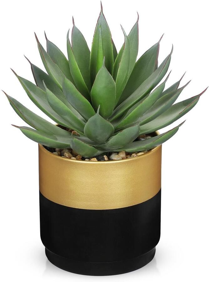 Hollyone Succulenten Kunstmatige Aloë Vera Plant Kunstmatig Vetplanten in Goudzwarte Keramische Pot Nep Aloë Plant voor Thuis Kantoor Badkamer Tafel Slaapkamer Plank Decoratie 20cm