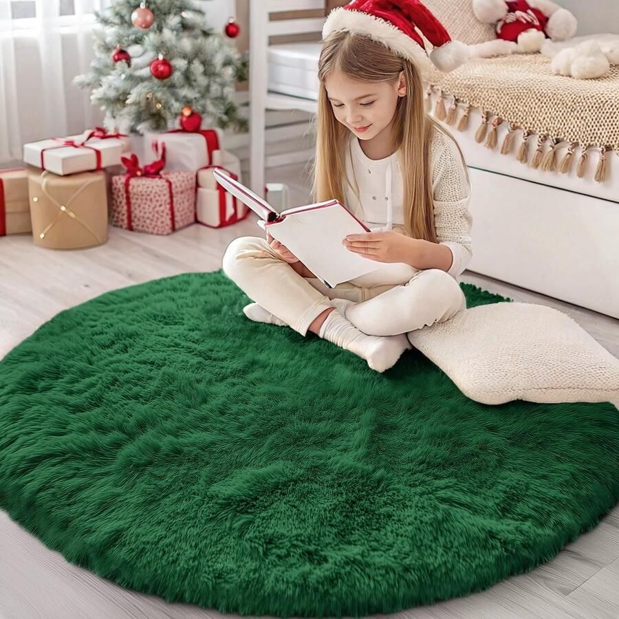 Homaxy Hoogpolig Fluffy Vloerkleed Antislip Onderkant Wasbaar Groot Vloerkleed voor Woonkamer Kinderkamer Slaapkamer 160 cm Rond Donkergroen