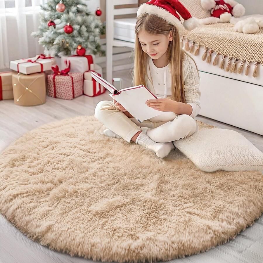 Homaxy Hoogpolig Fluffy Vloerkleed Antislip Onderkant Wasbaar Vloerkleed voor Woonkamer Kinderkamer Slaapkamer 120 cm Rond Beige