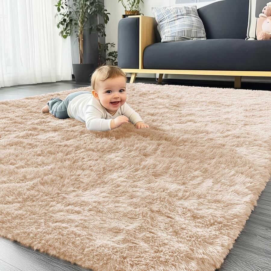 Homaxy Hoogpolig Fluffy Vloerkleed Antislip Onderkant Wasbaar Klein Vloerkleed voor Woonkamer Kinderkamer Slaapkamer 60 x 100 cm Beige