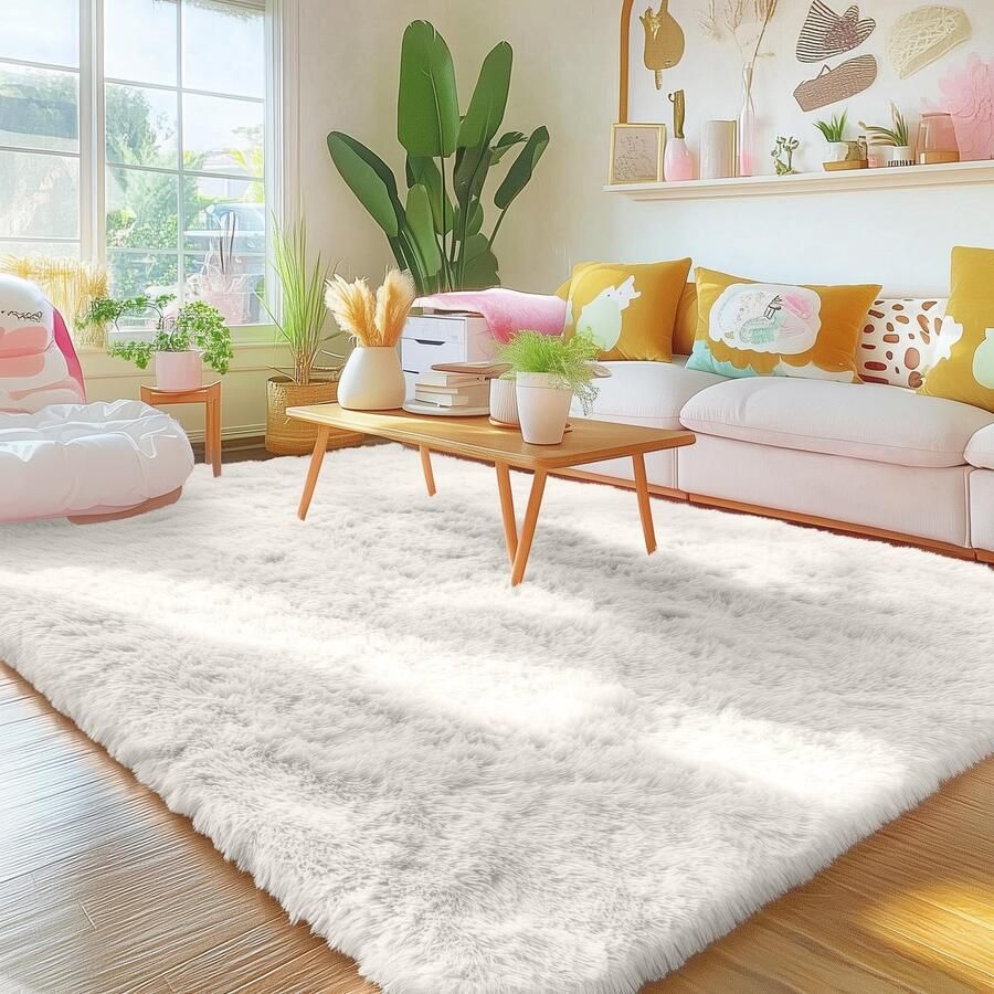 Homaxy Hoogpolig Fluffy Vloerkleed Antislip Onderkant Wasbaar Klein Vloerkleed voor Woonkamer Kinderkamer Slaapkamer 60 x 100 cm Crème