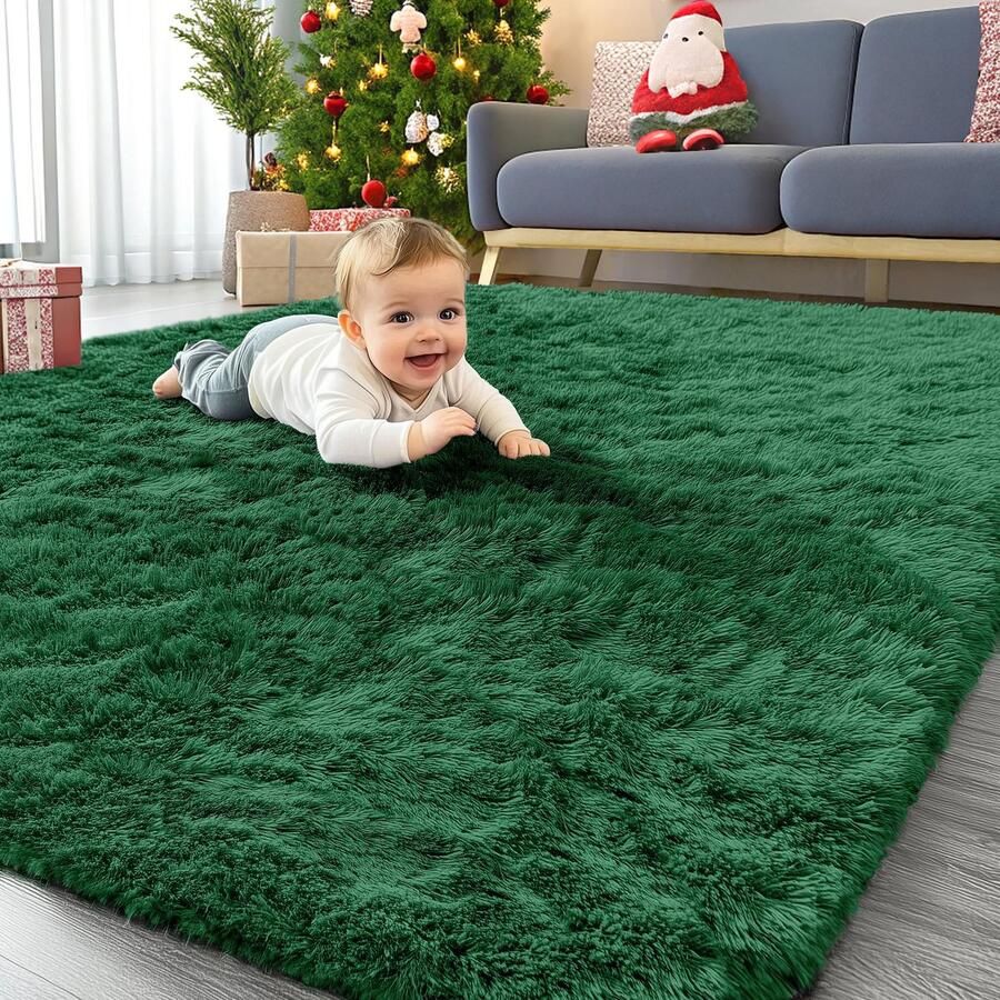 Homaxy Hoogpolig Fluffy Vloerkleed Antislip Onderkant Wasbaar Groot Vloerkleed voor Woonkamer Kinderkamer Slaapkamer 160 x 220 cm Donkergroen