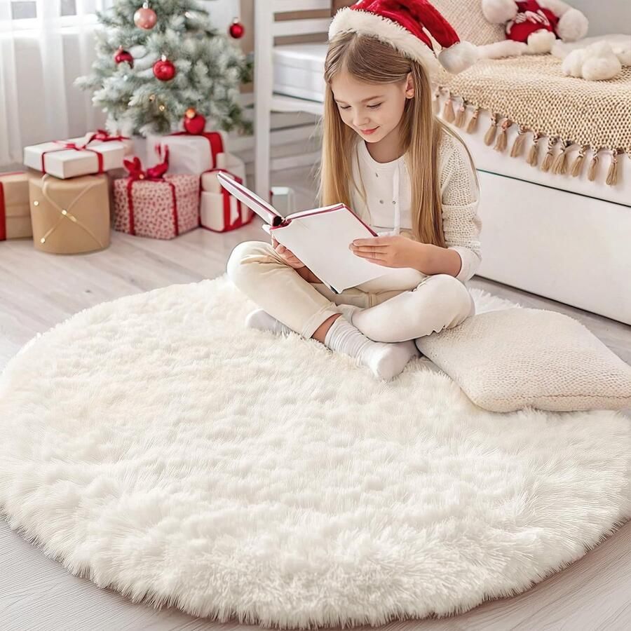Homaxy Hoogpolig Fluffy Vloerkleed Antislip Onderkant Wasbaar Groot Vloerkleed voor Woonkamer Kinderkamer Slaapkamer 200 cm Rond Crème