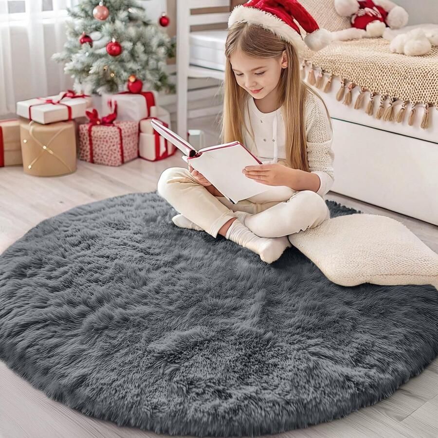 Homaxy Hoogpolig Fluffy Vloerkleed Antislip Onderkant Wasbaar Groot Vloerkleed voor Woonkamer Kinderkamer Slaapkamer 200 cm Rond Donkergrijs