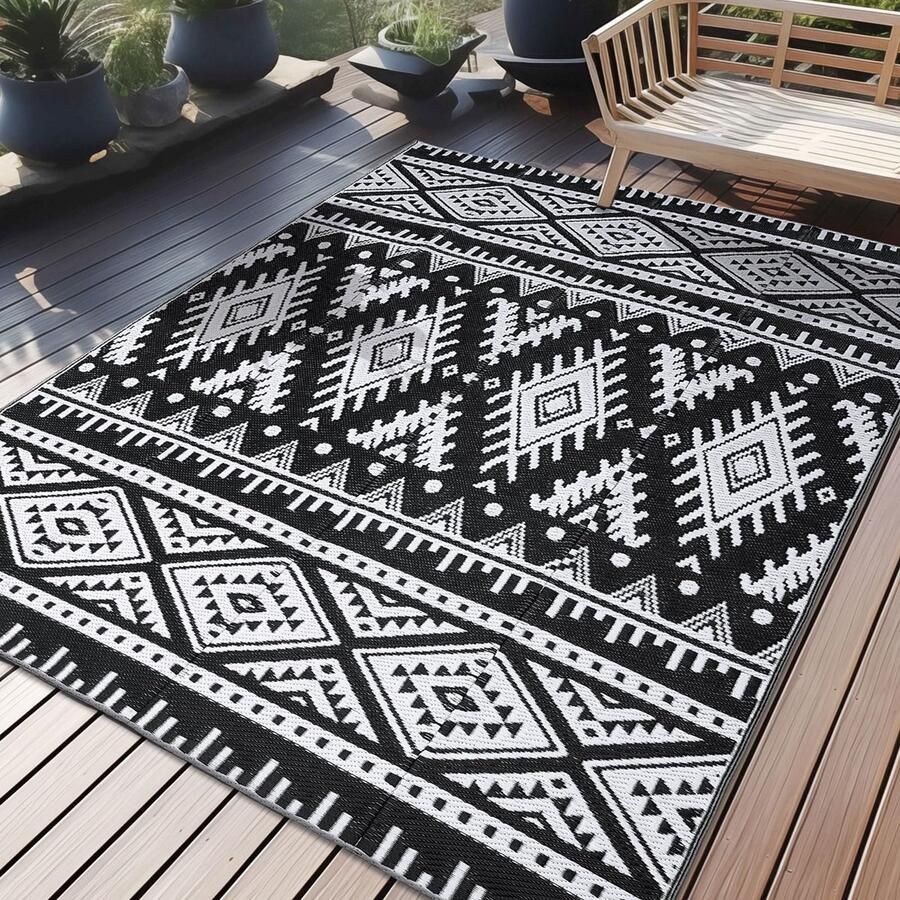 Homaxy Outdoor Rug Weerbestendig Kunststof Stro Opvouwbaar Wasbaar UV-bestendig Omkeerbaar Balkon Tuinmat voor Terras Camping Picknick (150 x 240 cm Zwart & Wit)