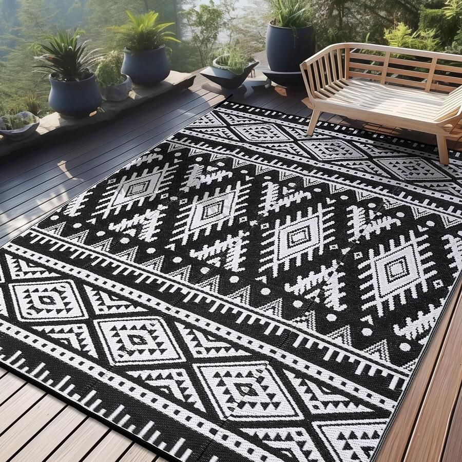 Homaxy Outdoor Rug Weerbestendig Kunststof Stro Opvouwbaar Wasbaar UV-bestendig Omkeerbaar Balkon Tuinmat voor Terras Camping Picknick (240 x 300 cm Zwart & Wit)