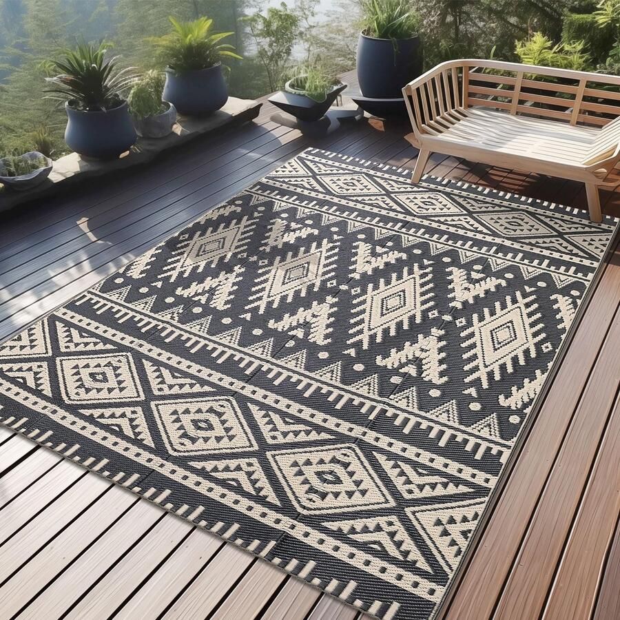 Homaxy Outdoor Rug Weerbestendig Kunststof Stro Opvouwbaar Wasbaar UV-bestendig Omkeerbaar Balkon Tuinmat voor Terras Camping Picknick (120 x 180 cm Zwart & Beige)