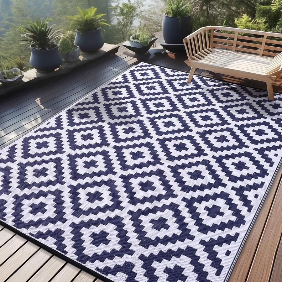 Homaxy Outdoor Rug Weerbestendig Kunststof Stro UV-bestendig Omkeerbaar Opvouwbaar Wasbaar Balkon Tuinmat voor Terras Camping Picknick (270 x 360 cm Marineblauw & Wit)
