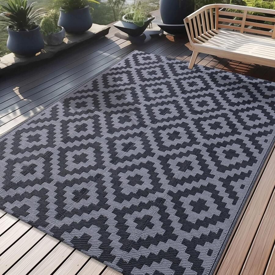 Homaxy Outdoor Rug Weerbestendig Kunststof Stro UV-bestendig Omkeerbaar Opvouwbaar Wasbaar Balkon Tuinmat voor Terras Camping Picknick (150 x 240 cm Zwart & Grijs)