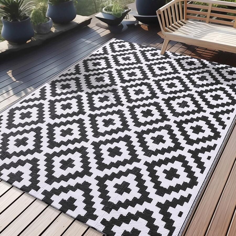 Homaxy Outdoor Rug Weerbestendig Kunststof Stro UV-bestendig Omkeerbaar Opvouwbaar Wasbaar Balkon Tuinmat voor Terras Camping Picknick (150 x 240 cm Zwart & Wit)