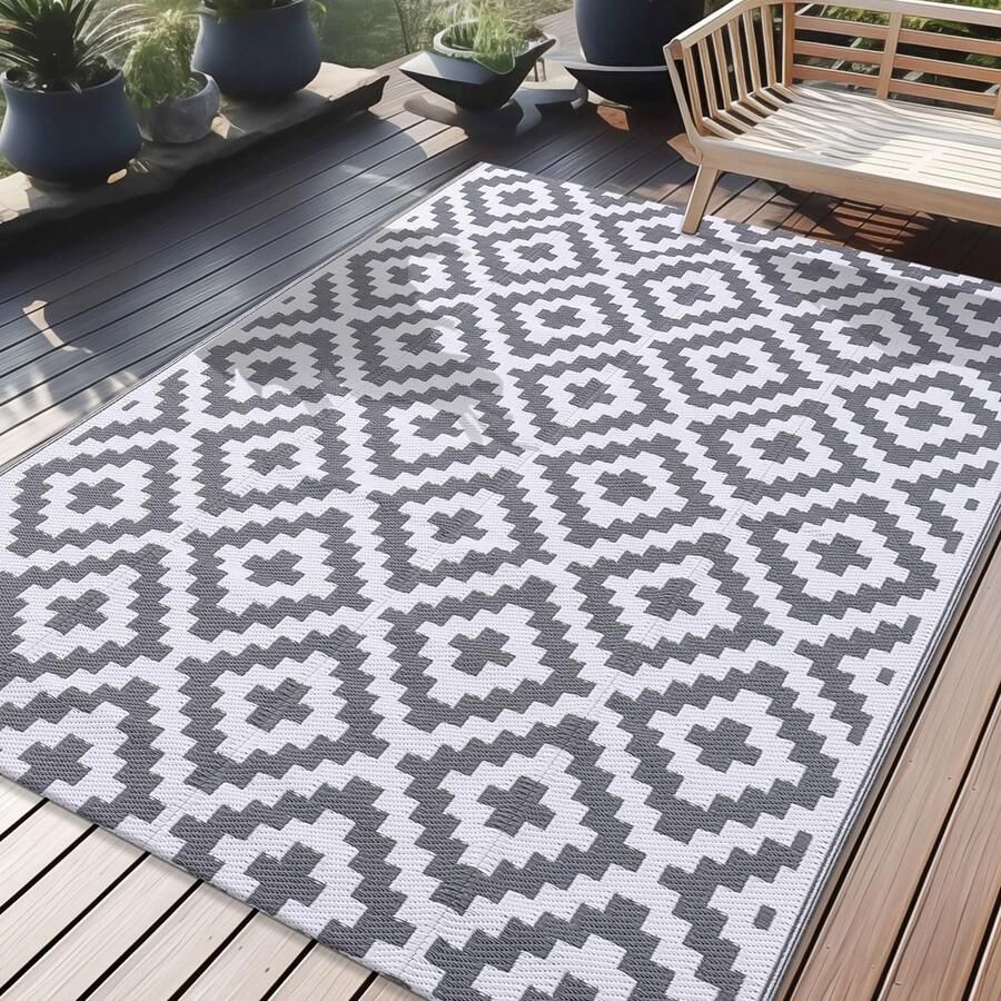 Homaxy Outdoor Rug Weerbestendig Kunststof Stro UV-bestendig Omkeerbaar Opvouwbaar Wasbaar Balkon Tuinmat voor Terras Camping Picknick (150 x 240 cm Grijs & Wit)