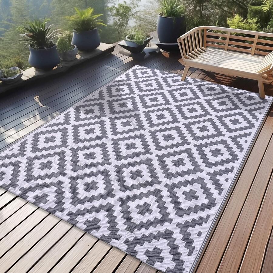 Homaxy Outdoor Rug Weerbestendig Kunststof Stro UV-bestendig Omkeerbaar Opvouwbaar Wasbaar Balkon Tuinmat voor Terras Camping Picknick (120 x 180 cm Grijs & Wit)