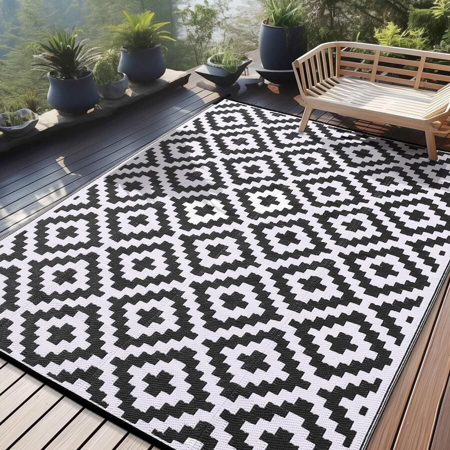 Homaxy Outdoor Rug Weerbestendig Kunststof Stro UV-bestendig Omkeerbaar Opvouwbaar Wasbaar Balkon Tuinmat voor Terras Camping Picknick (240 x 300 cm Zwart & Wit)