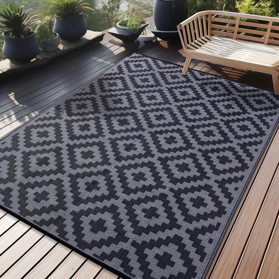 Homaxy Outdoor Rug Weerbestendig Kunststof Stro UV-bestendig Omkeerbaar Opvouwbaar Wasbaar Balkon Tuinmat voor Terras Camping Picknick (180 x 270 cm Zwart & Grijs)