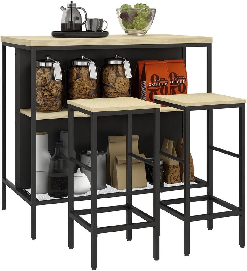 HOMCOM-Bartisch mit Barhocker Set-MDF Stahl-100L x 60B x 95H cm-Eiche