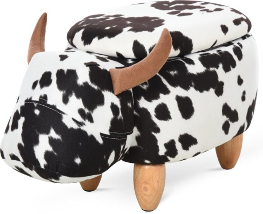 HOMCOM Dierenkruk Decoratieve kruk met opbergruimte 62x35x36cm Gestoffeerde kruk in varkensmotief Zwart-wit voor woonkamer en kinderkamer