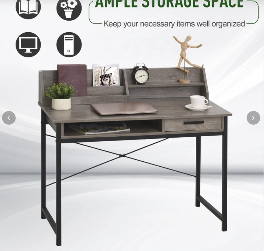 HOMCOM Industriële Computer Bureau met Lade en Open Planken Schrijftafel met Houten Opbergvak voor Thuiswerkplek Grijs