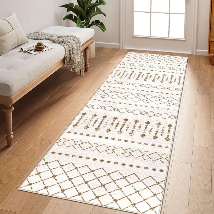 Homcomodar Boho Vloerkleed Hal 65x180cm Beige Vloerkleed Keuken Vloerkleed Antislip Wasbaar Vloerkleed voor Woonkamer Entree Slaapkamer
