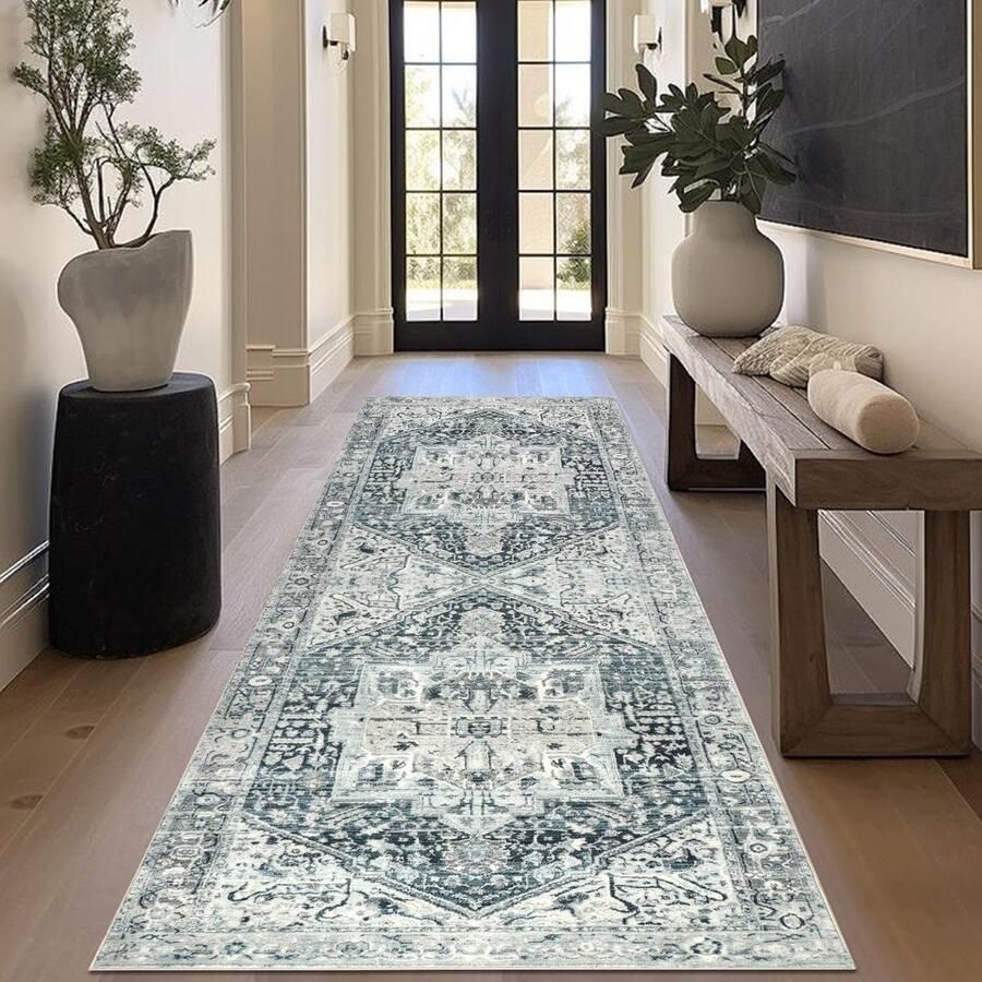 Homcomodar Vintage Loper Gang 80x200cm Boho Loper Tapijt Gang Antislip Wasbaar Keukenmat voor Slaapkamer Keuken Gang Deuropening Wasruimte (Blauw Grijs)