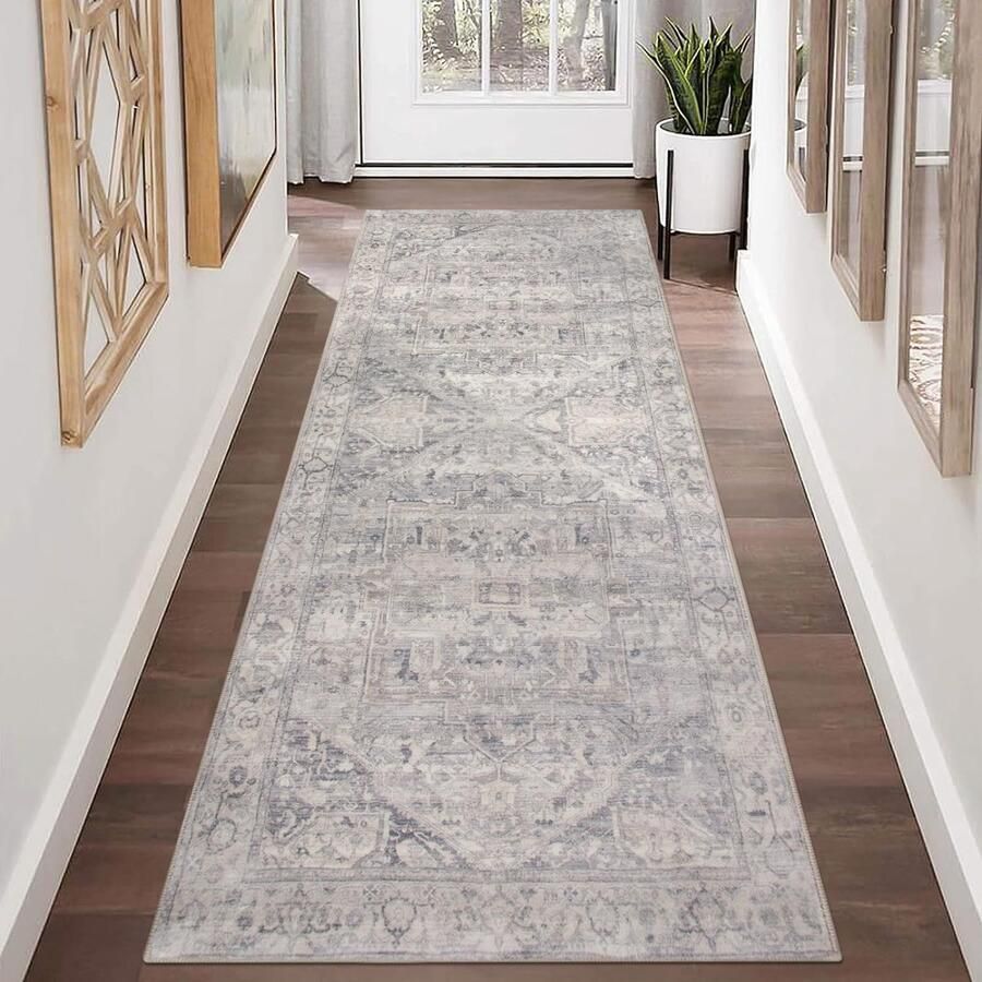 Homcomodar Vintage loper met rubberen achterkant 65x180cm Verweerde halmatten Niet-pluizende Perzische vloerloper voor keuken hal badkamer slaapkamer