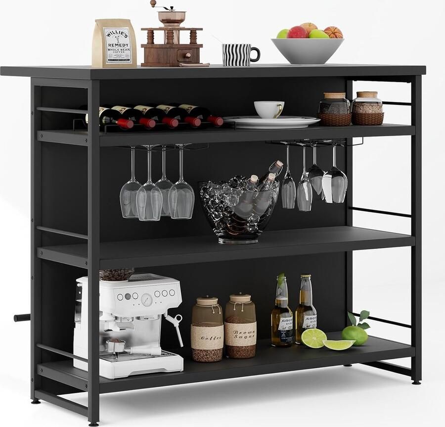 Home Barkast Keukenrek met 4 Open Planken Wijnrek en Glazenhouder Staand Rek 120 x 60 x 101 cm Barkast met Voetensteun en Verstelbare Voetkussentjes (Zwart)