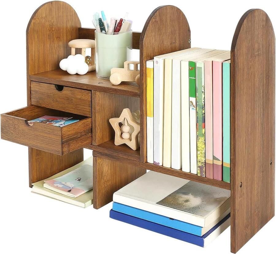 Home Bureau Boekenplank Kleine Houten Plank Organizer Verstelbaar Uitbreidbaar-Bamboe-Houten Tafelplank-Kantoorbenodigdheden-Kleine Boeken-Bureaublad