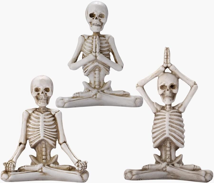 Home Decor Ornamenten Yoga Schedel Beeldset Klein Hars Sculptuur Ambachtelijk Skelet Karaktermodel voor Woonkamer Slaapkamer Kantoor Bureau (Wit)