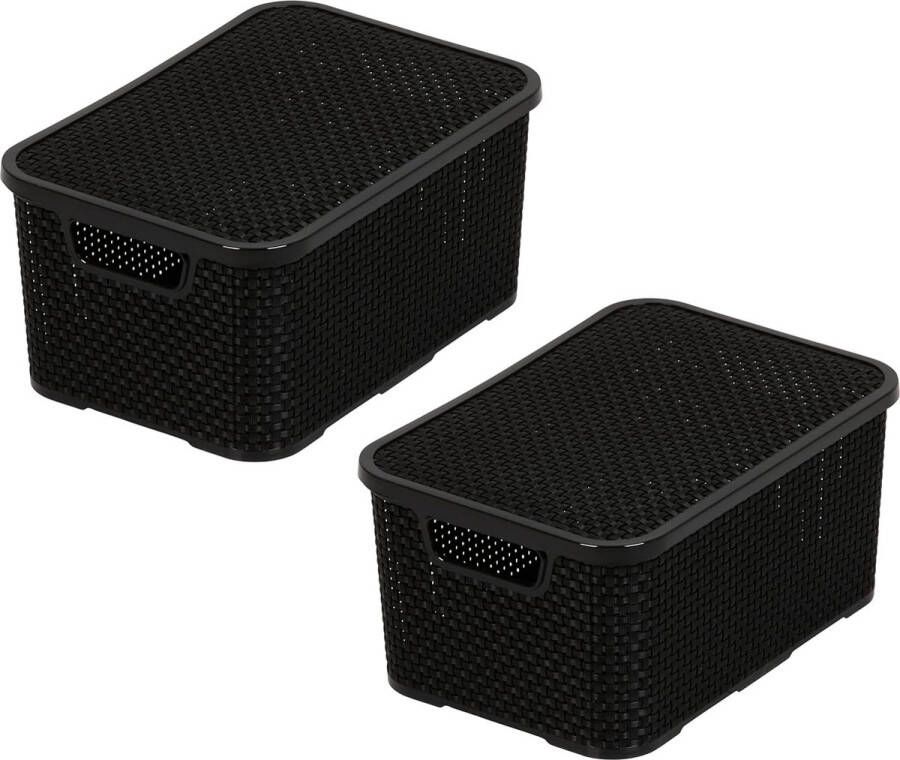 Home Essential Mand met deksel in rotan design set van 2 maat L 19 l BPA-vrij plastic PP zwart 38 x 27 8 x 18 5 cm verpakking van 2 L