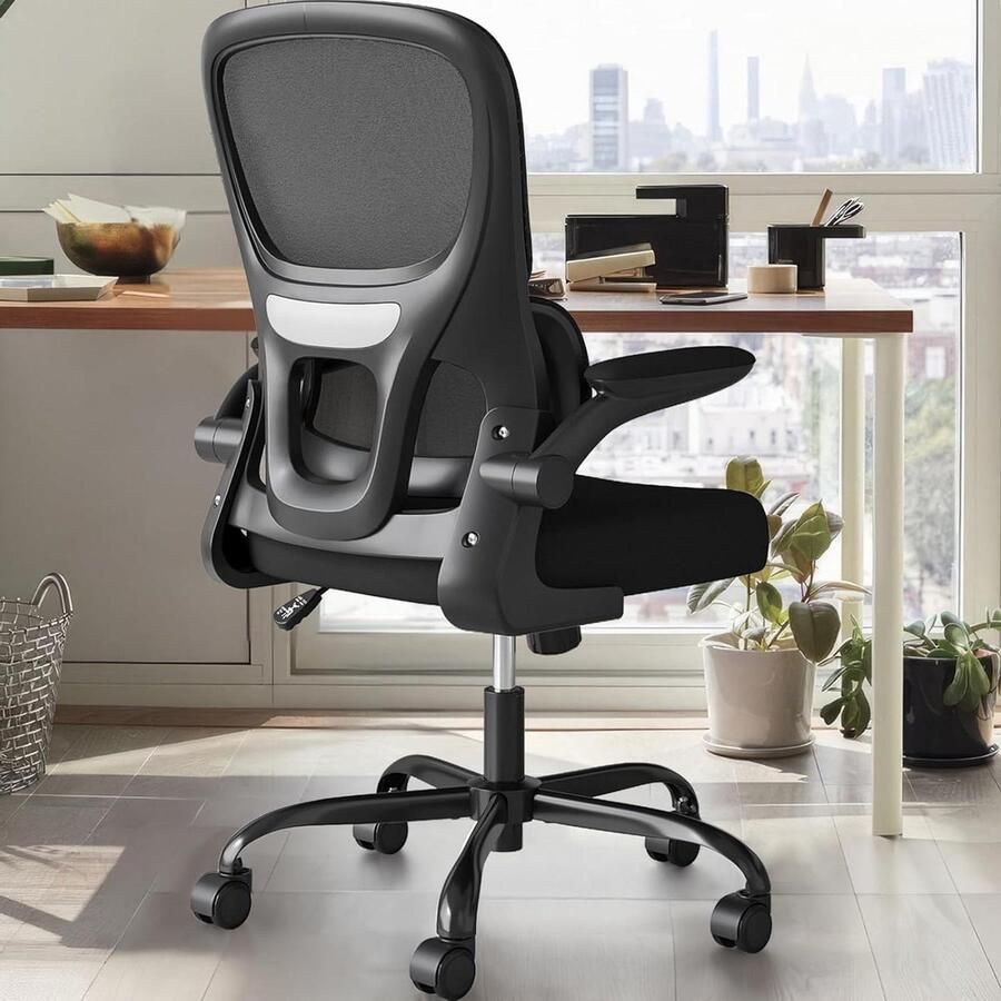 Home Office Stoel met Flip-Up Armsteun en Lumbale Ondersteuning Ergonomisch Mesh voor Computer Bureau Bureaustoel