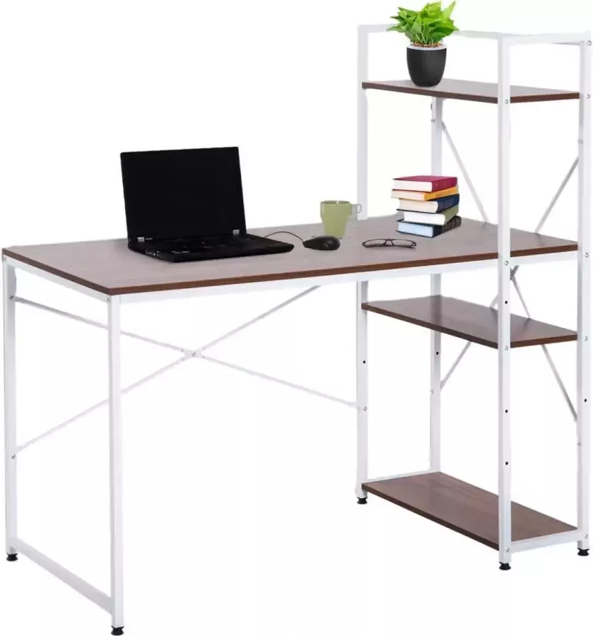 Merkloos Bureau computertafel Modern design Met rek laptopbureau 4 schappen Walnoot Wit - Foto 1