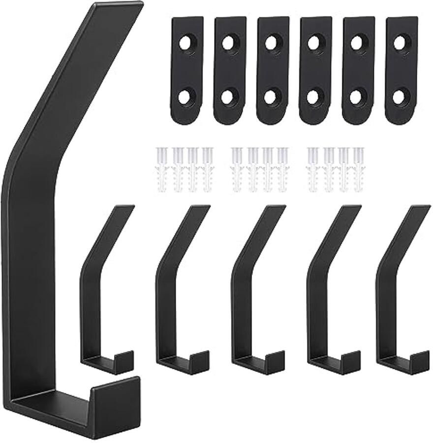Homefantasy Set van 6 kapstokken zwart wandkapstokken moderne wandkapstok schroeven onzichtbare haken voor jassen mantels petten sjaals handdoeken handtassen
