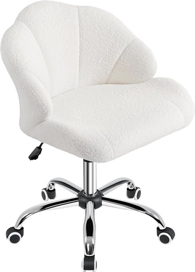 Homeoffice- en Make-upstoel In Hoogte Verstelbare Draaistoel in Schelpvorm met Wielen Fluweel Belastbaar tot 136 kg (Sneeuwwit)