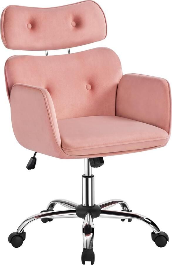 Homeoffice Stoel make-uptafelstoel met in hoogte verstelbare hoofdsteun draaistoel bureaustoel met armleuningen fluwelen zitting mobiele gestoffeerde stoel tot 136 kg belastbaar roze - Foto 2