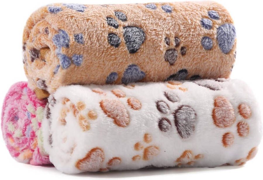 Hondendeken kattendekens wasbaar en pluizig 3 stuks zachte warme fleece huisdierdekens voor kleine middelgrote honden en katten huisdierdeken slaapmat voor bank bed pootpatroon 60 x 40 cm