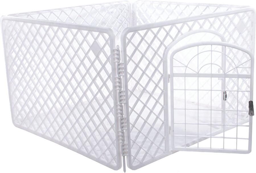 Hondenhek Huisdierenren Hondenbox Kennel voor Honden Puppy's Katten en Kleine Dieren Veiligheidshek met Deur en Vergrendeling Voor Binnen Wit 90x90x60cm