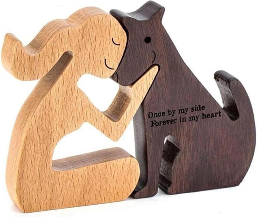 Hondenhoutsnijwerk mens en hond sculptuur creatieve tafelversiering handgemaakte houten beelden unieke tafeldecoratie in boekenkast