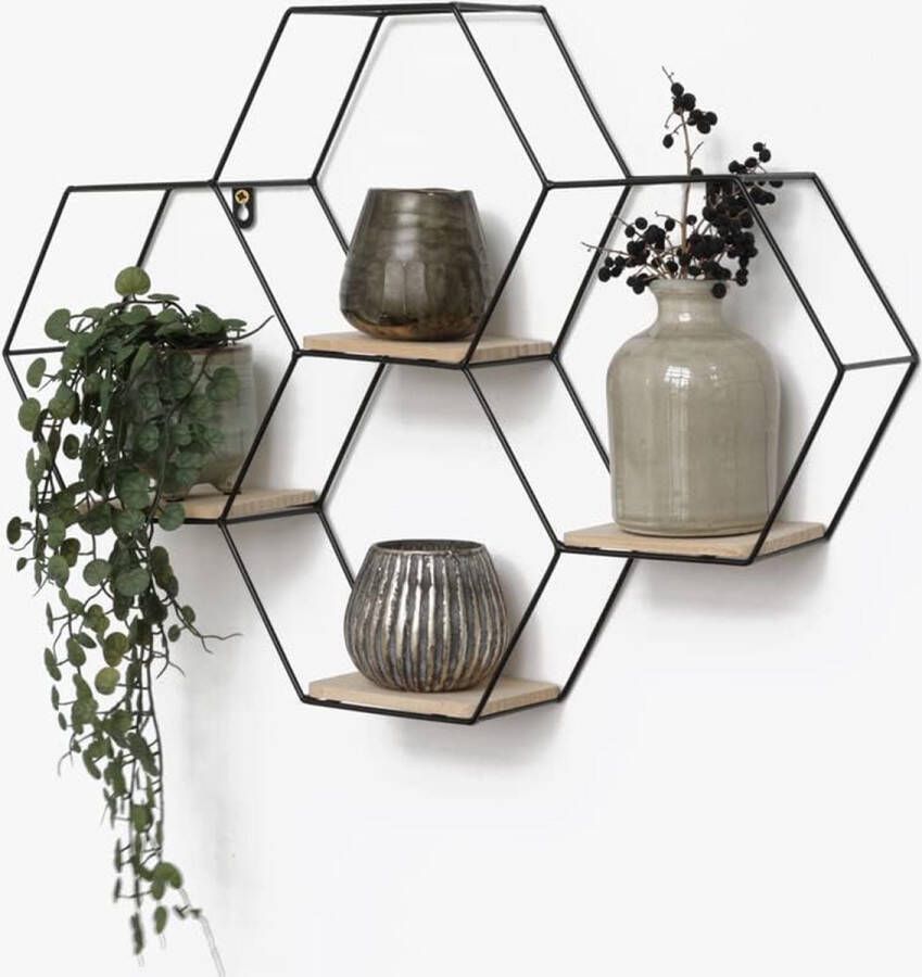 Honingraat-vormig wandrek van metaal 4 houten planken 40 5 x 58 cm zwart hangend wandrek voor woonkamer wanddecoratie zeshoek