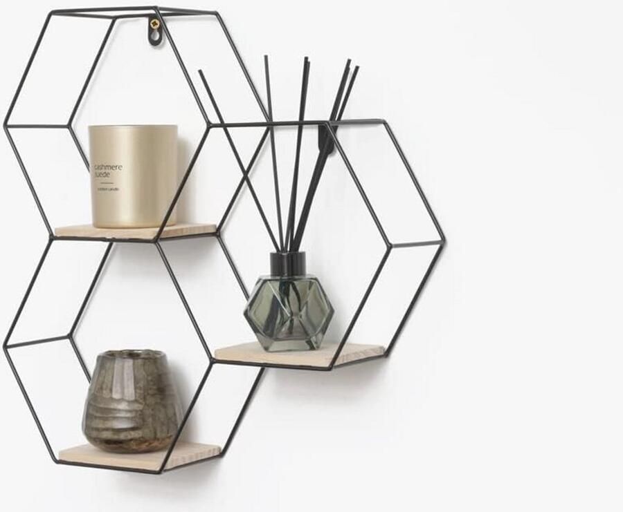 Honingraatvormig Wandrek – Zwart Metalen Wandplank met Houten Vloeren – Hexagon Wanddecoratie voor Woonkamer en Keuken