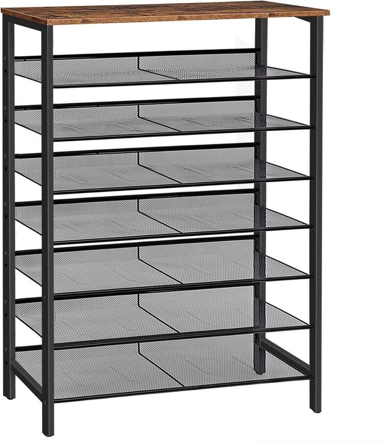 HOOBRO Schoenenrek met 8 niveaus hoog smal schoenenrek 100 x 30 x 137 cm platte en kantelbare roosterplanken voor 32-40 paar schoenen metaal voor entree hal vintage bruin-zwart EBF118XJ01