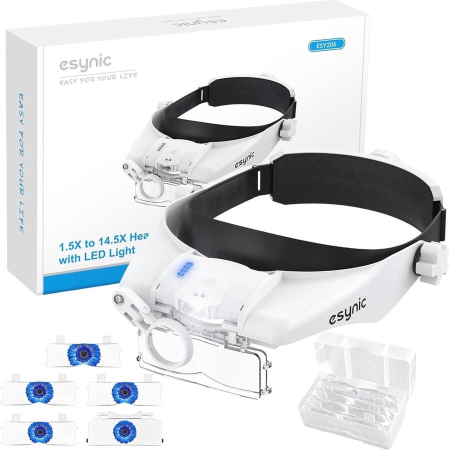 Hoofdband Vergrootglas met LED Licht Oplaadbare Loep voor Knutselen Lezen en Naaiwerk 5 Verwisselbare Lenzen
