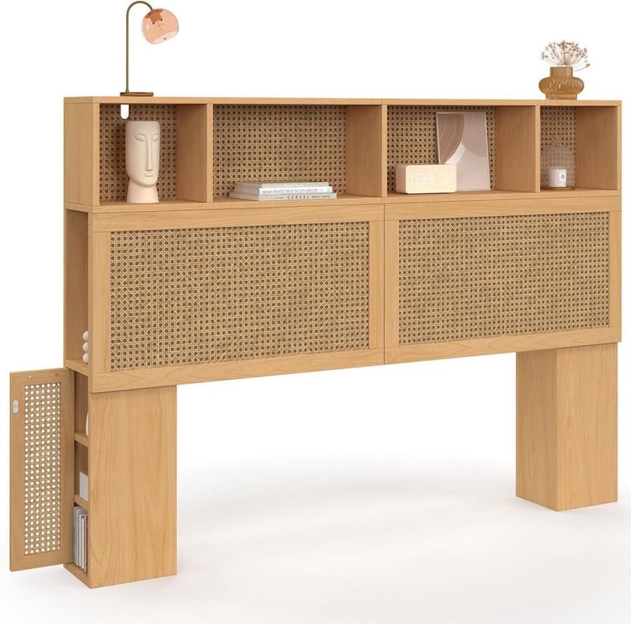 Hoofdbord EDHEN – 145 cm met gesloten opbergruimte en nissen rotan en hout