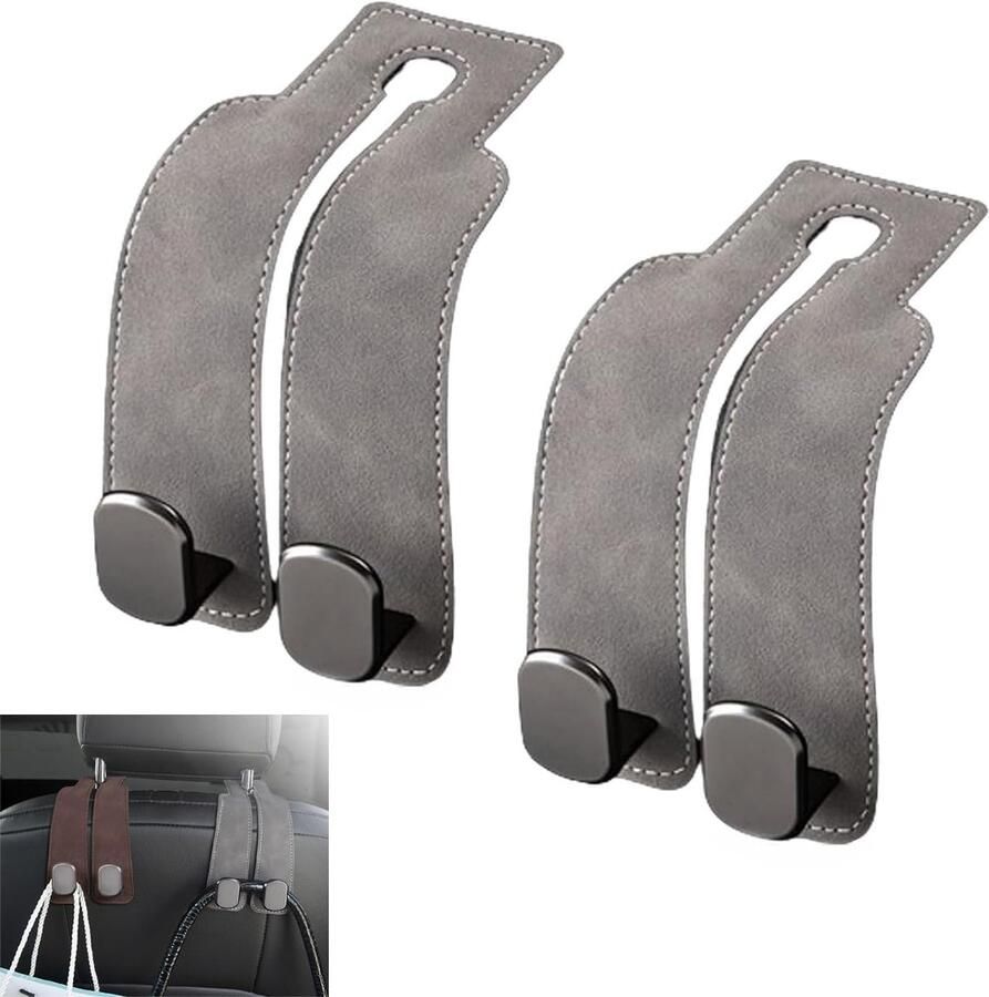 Hoofdsteun Haakjes Auto Organizer Haken Autostoel Hangers Tashanger Leer Autostoel Haak Auto Kapstok Tassenhanger Autostoel Telefoonhouder Opberghaak -grijs Universeel 17cm- 2 Stuks