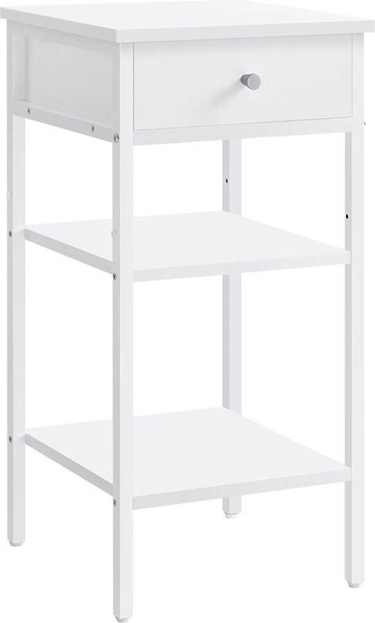 Hoog nachtkastje met één lade en 2 open vakken 1 verstelbare plank ruimtebesparend verstelbare poten modern wit