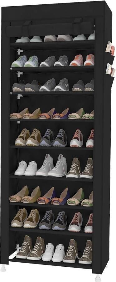 Hoog schoenenrek 9-laags schoenenrek Ruimte voor maximaal 27 paar schoenen met niet-geweven stoffen bekleding zwart