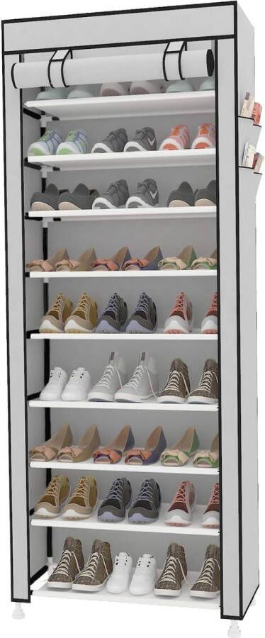 Hoog schoenenrek met 9 niveaus ruimte voor maximaal 27 paar schoenen met niet-geweven stoffen bekleding grijs