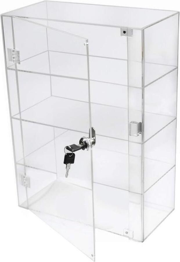 Hoogglans Helder Acryl Vitrine 3 Planken met Voordeur en Veiligheidsslot